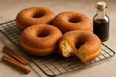 Vanilla Cinnamon Maple Yeast Doughnuts on a cooling rack