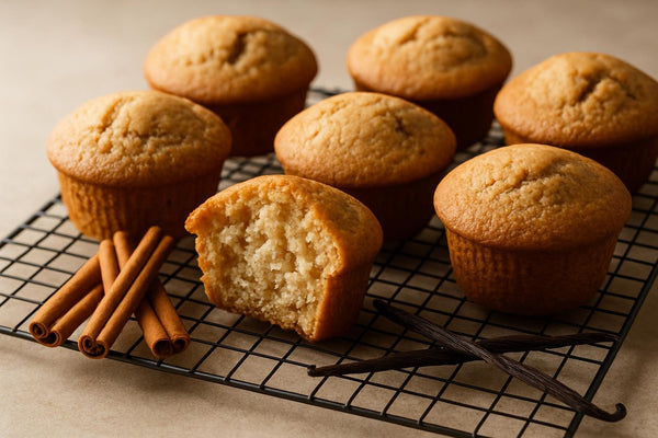 Vanilla Cinnamon Muffins on a cooling rack