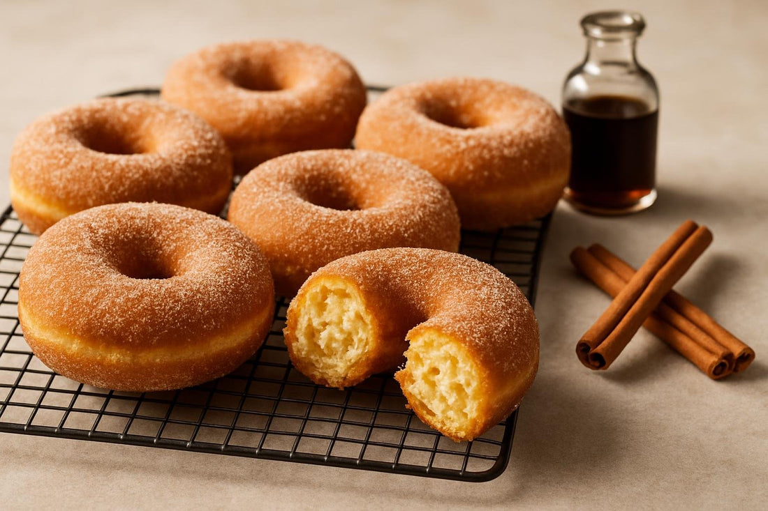 Vanilla Cinnamon Orange Yeast Doughnuts on a cooling rack