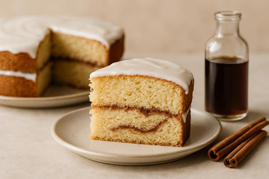 Slice of vanilla cinnamon roll cardamom cake