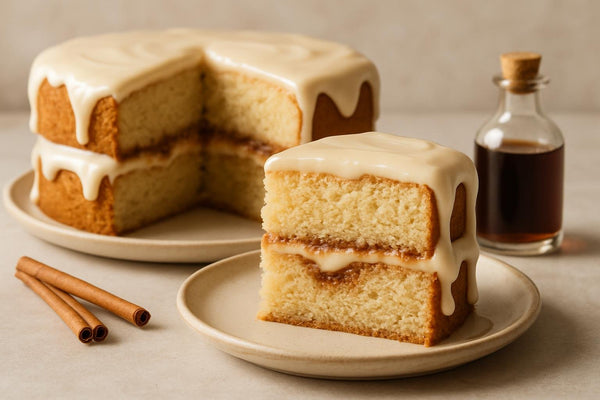 Slice of vanilla cinnamon roll maple cake