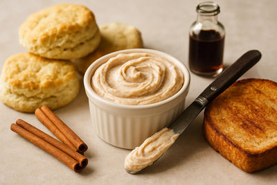 Vanilla Cinnamon Whipped Butter Spread in a crock with warm biscuits