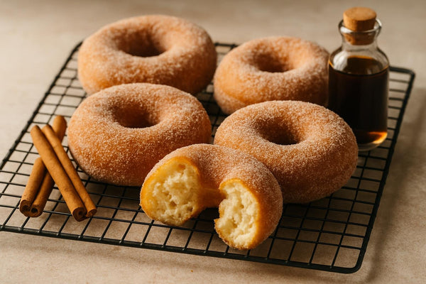 Vanilla Cinnamon Yeast Doughnuts on a cooling rack