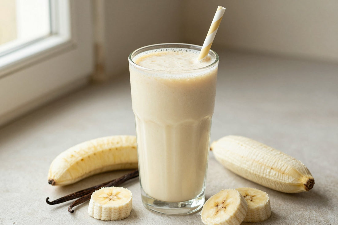 A tall glass of thick, creamy vanilla coconut protein shake with a straw, a few of its fresh ingredients beside it