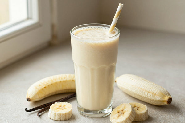 A tall glass of thick, creamy vanilla coconut protein shake with a straw, a few of its fresh ingredients beside it