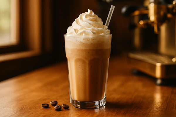 Vanilla Coffee Frappé in a glass on an oak café counter