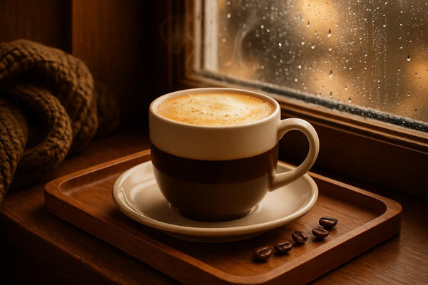 Vanilla Coffee in a ceramic mug on an oak tray by a window