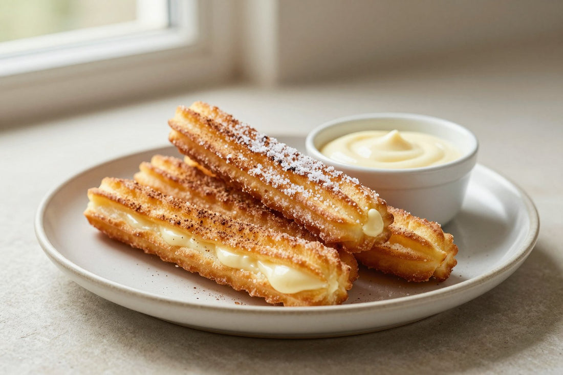 Vanilla cream churros piled on a plate, coated in cinnamon sugar, with a small bowl of dipping sauce