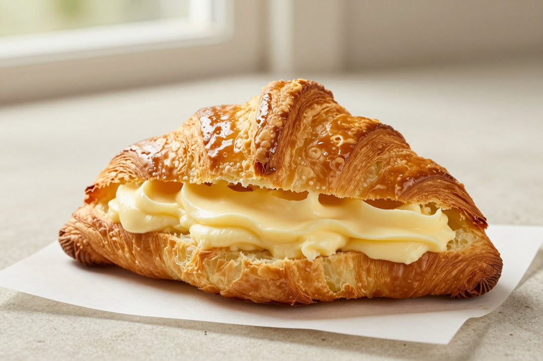 Golden, flaky vanilla cream croissants on parchment, one torn open to show the honeycomb layers