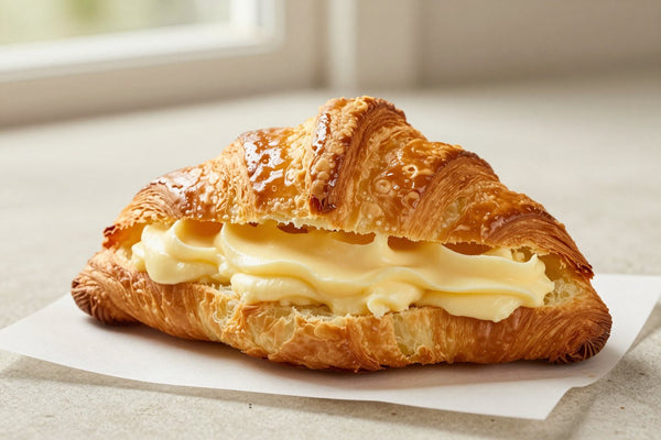 Golden, flaky vanilla cream croissants on parchment, one torn open to show the honeycomb layers