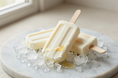 Three vanilla cream pops on a bed of crushed ice on a light marble surface, one with a bite taken out