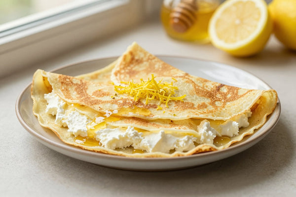 Folded vanilla crêpes on a plate, the filling and toppings from the recipe clearly visible