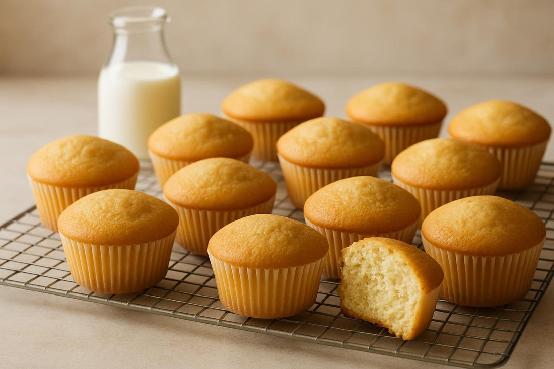 A dozen unfrosted vanilla cupcakes in paper liners on a cooling rack, golden domes, one split to show the crumb