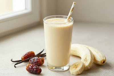 A tall glass of thick, creamy vanilla date protein shake with a straw, a few of its fresh ingredients beside it