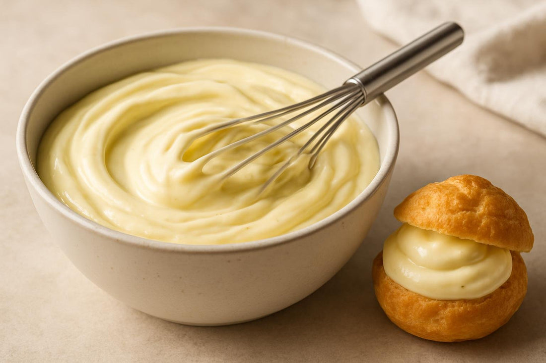 Bowl of vanilla diplomat cream with a whisk