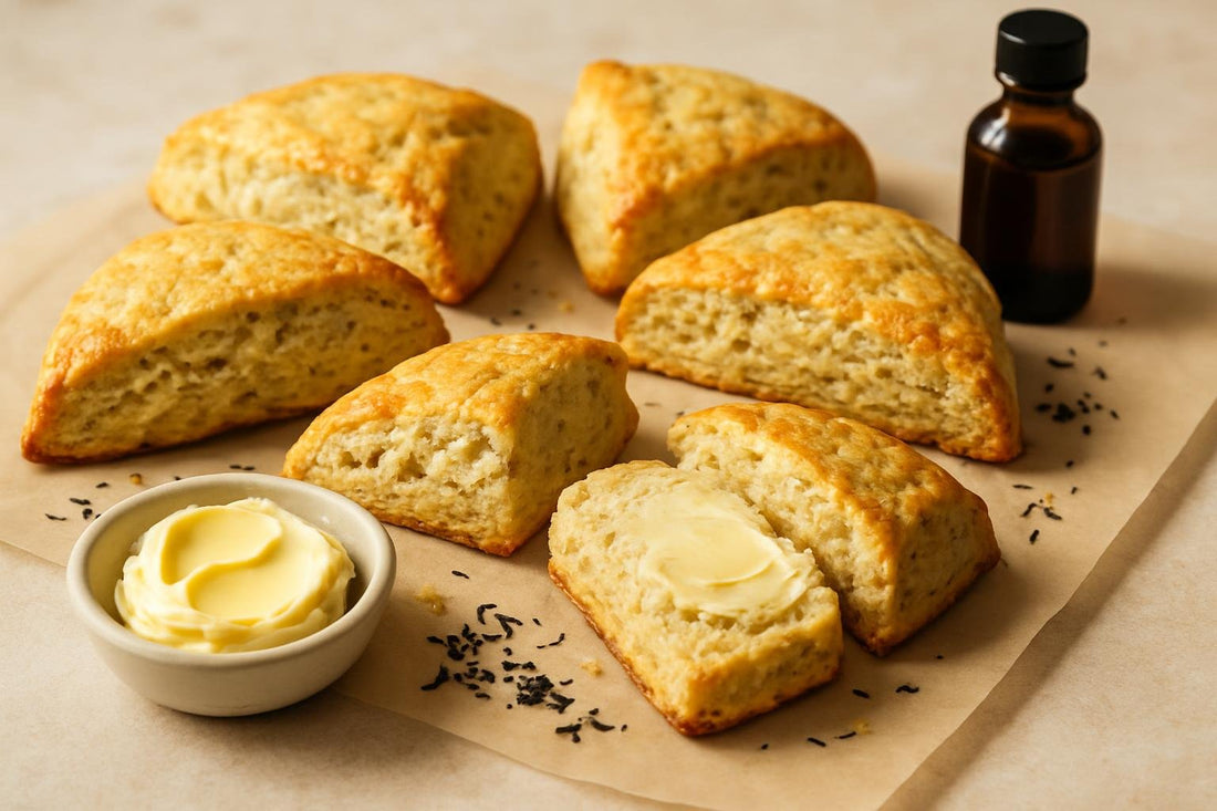 Vanilla Earl Grey Lemon Scones on parchment