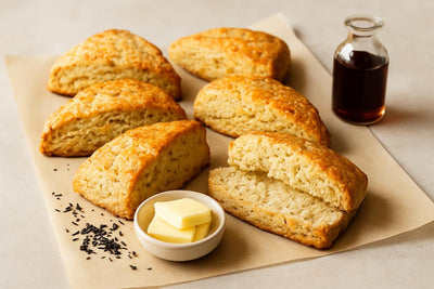 Vanilla Earl Grey Orange Scones on parchment