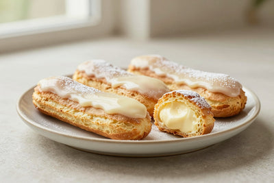 A row of vanilla éclairs on a plate, glossy topping, one cut to show the creamy filling