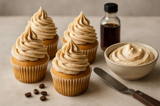 Cupcakes piped with vanilla espresso buttercream
