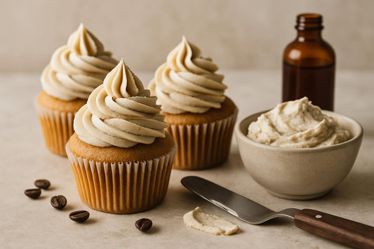 Cupcakes piped with vanilla espresso cardamom buttercream