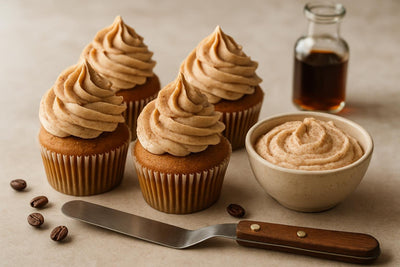 Cupcakes piped with vanilla espresso cinnamon buttercream