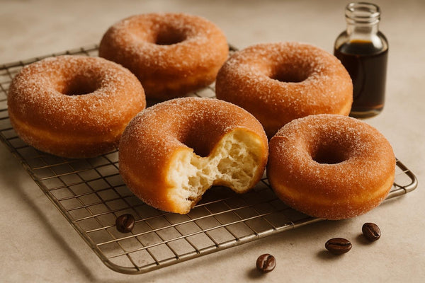Vanilla Espresso Yeast Doughnuts on a cooling rack