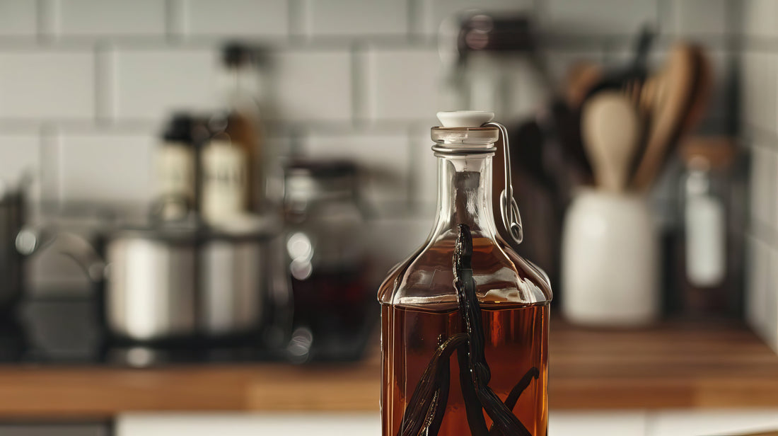 Cured vanilla beans steeping in alcohol solution during commercial maceration process for pure vanilla extract production