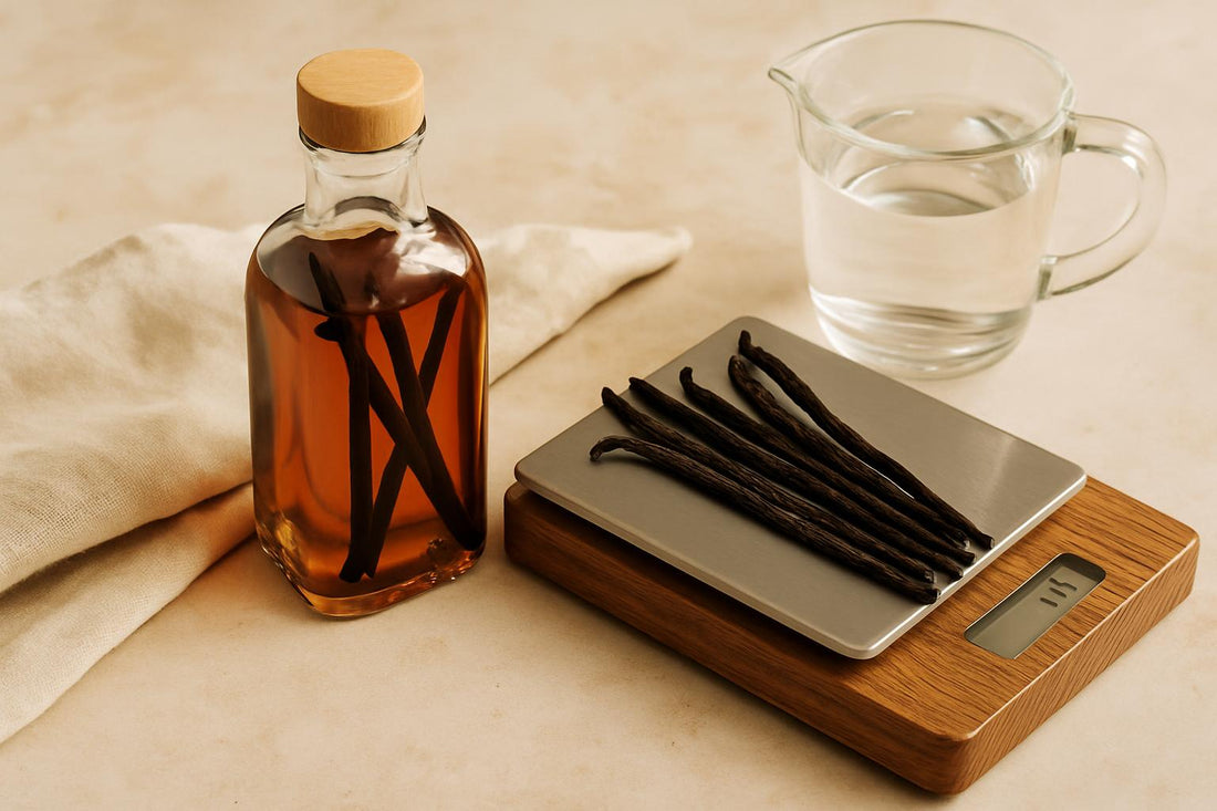 Vanilla extract in glass bottle with split beans and kitchen scale showing proper vanilla extract ratio
