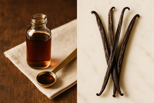 Vanilla extract bottle and whole vanilla beans side by side for cost comparison