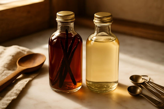 Two glass bottles side by side on a white marble countertop—one amber bottle of vanilla extract with visible vanilla beans