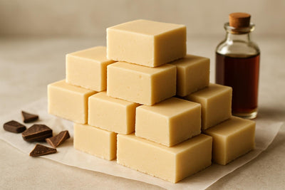 Squares of vanilla fudge on parchment