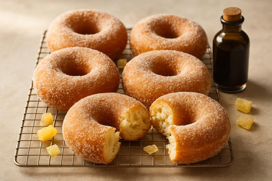 Vanilla Ginger Yeast Doughnuts on a cooling rack