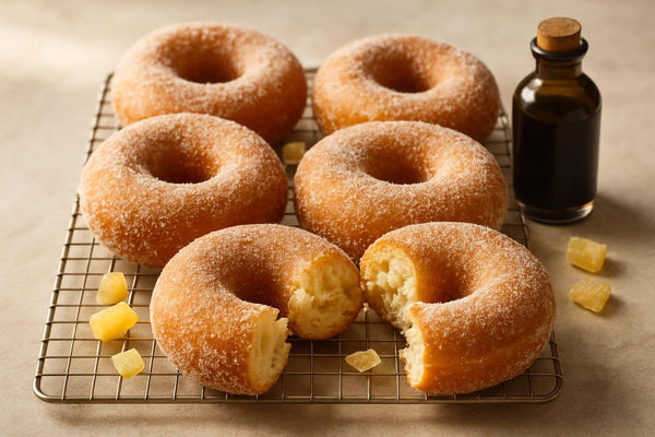 Vanilla Ginger Yeast Doughnuts on a cooling rack