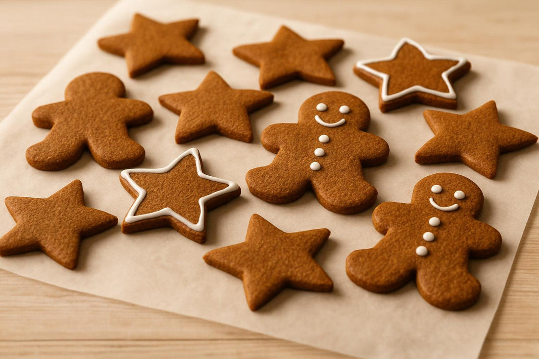 Vanilla gingerbread cookies cut into stars and gingerbread people, some decorated with white icing, on parchment on a light w