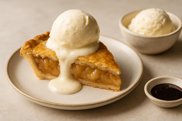Slice of pie with vanilla ice cream topping