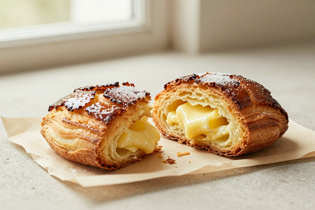 Caramelized, crackly vanilla kouign-amann on parchment, one torn open to show the buttery layers