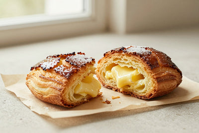 Caramelized, crackly vanilla kouign-amann on parchment, one torn open to show the buttery layers