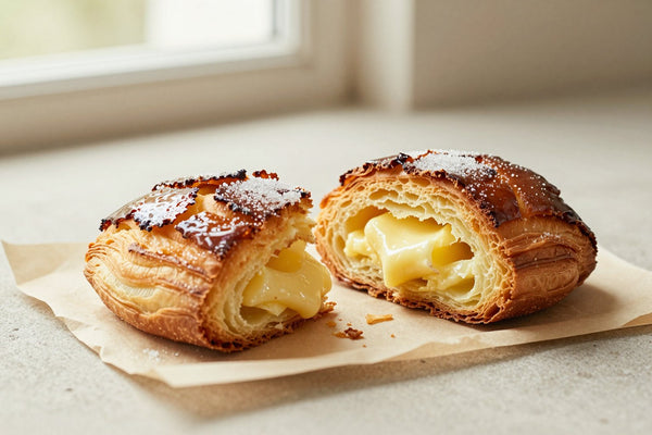 Caramelized, crackly vanilla kouign-amann on parchment, one torn open to show the buttery layers