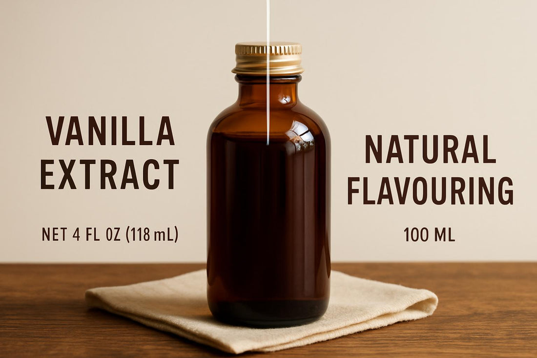 Vanilla extract bottles displaying US FDA and EU regulatory labeling standards side by side