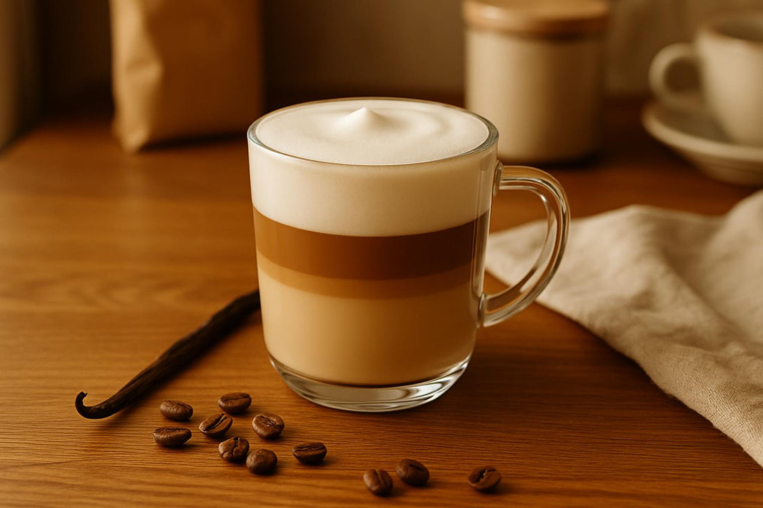 Vanilla latte made with real vanilla extract in a glass mug with espresso and steamed milk