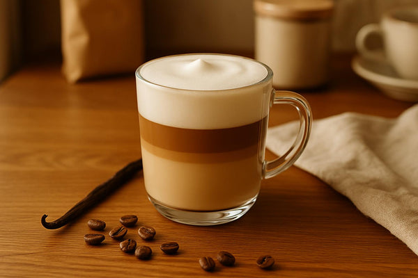Vanilla latte made with real vanilla extract in a glass mug with espresso and steamed milk