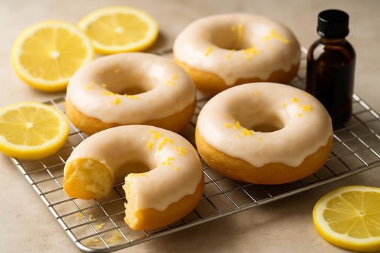 Vanilla Lemon Cake Doughnuts on a cooling rack