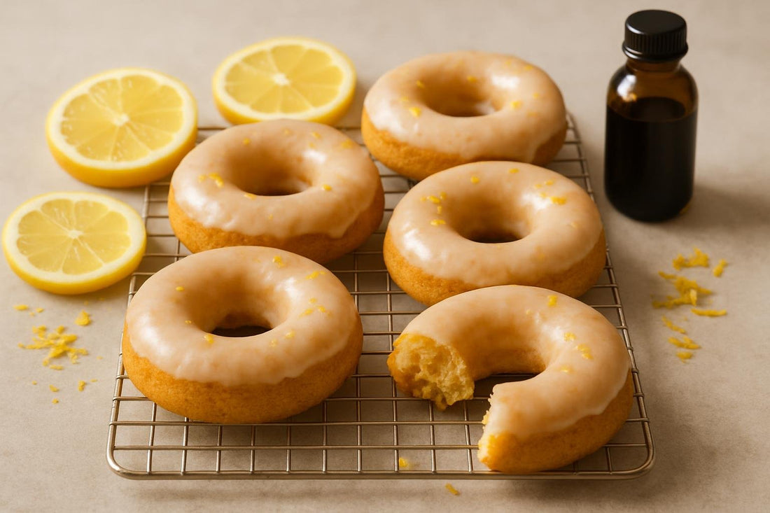 Vanilla Lemon Cardamom Cake Doughnuts on a cooling rack