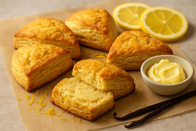 Vanilla Lemon Cardamom Scones on parchment