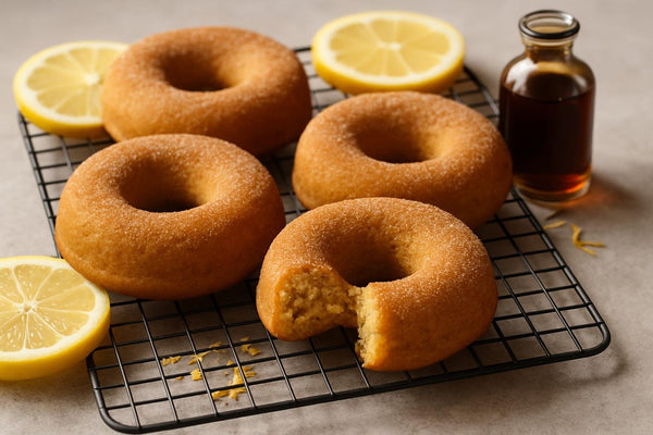 Vanilla Lemon Cinnamon Cake Doughnuts on a cooling rack