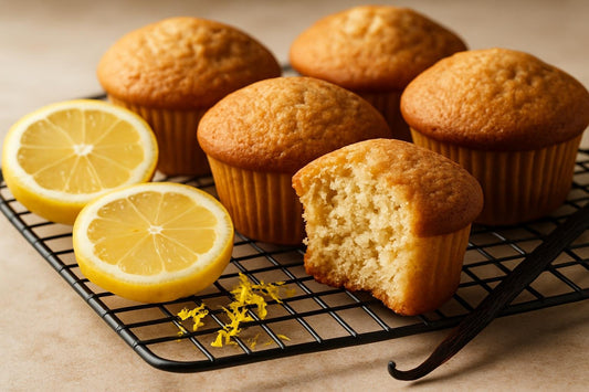 Vanilla Lemon Cinnamon Muffins on a cooling rack
