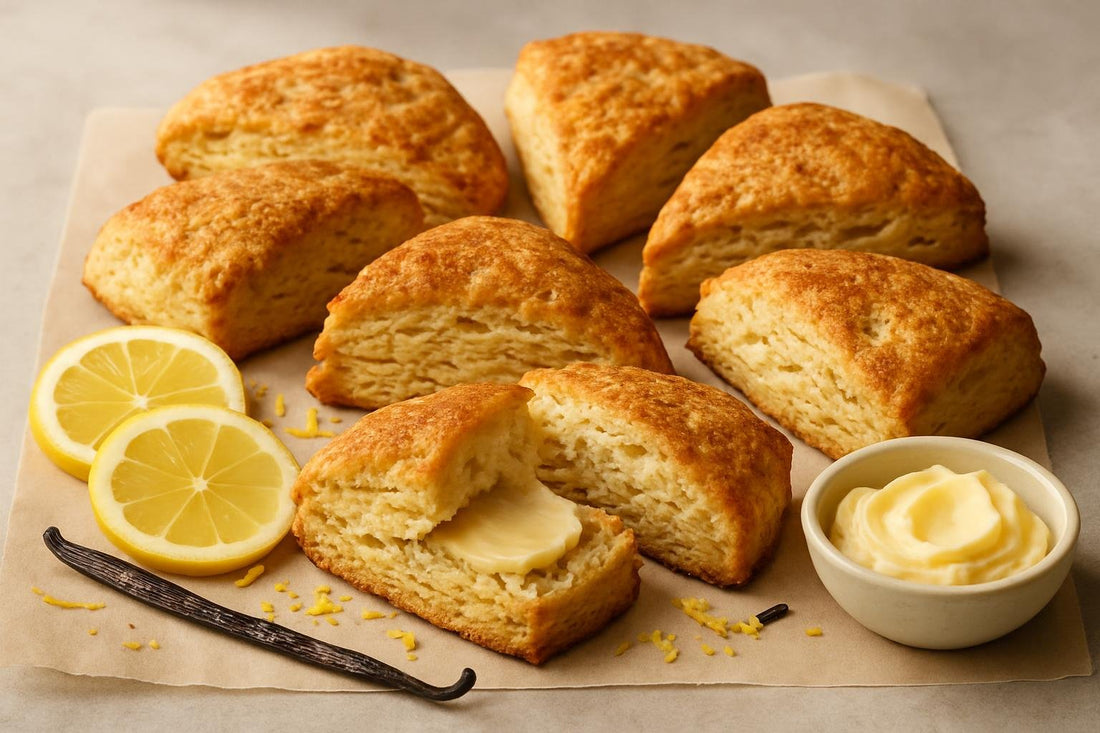 Vanilla Lemon Cinnamon Scones on parchment