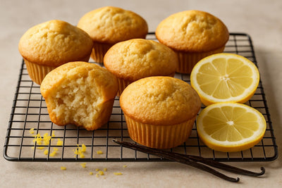 Vanilla Lemon Ginger Muffins on a cooling rack