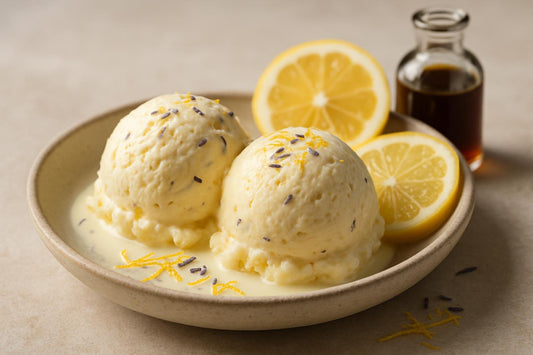 Scoops of vanilla lemon lavender custard ice cream in a ceramic bowl