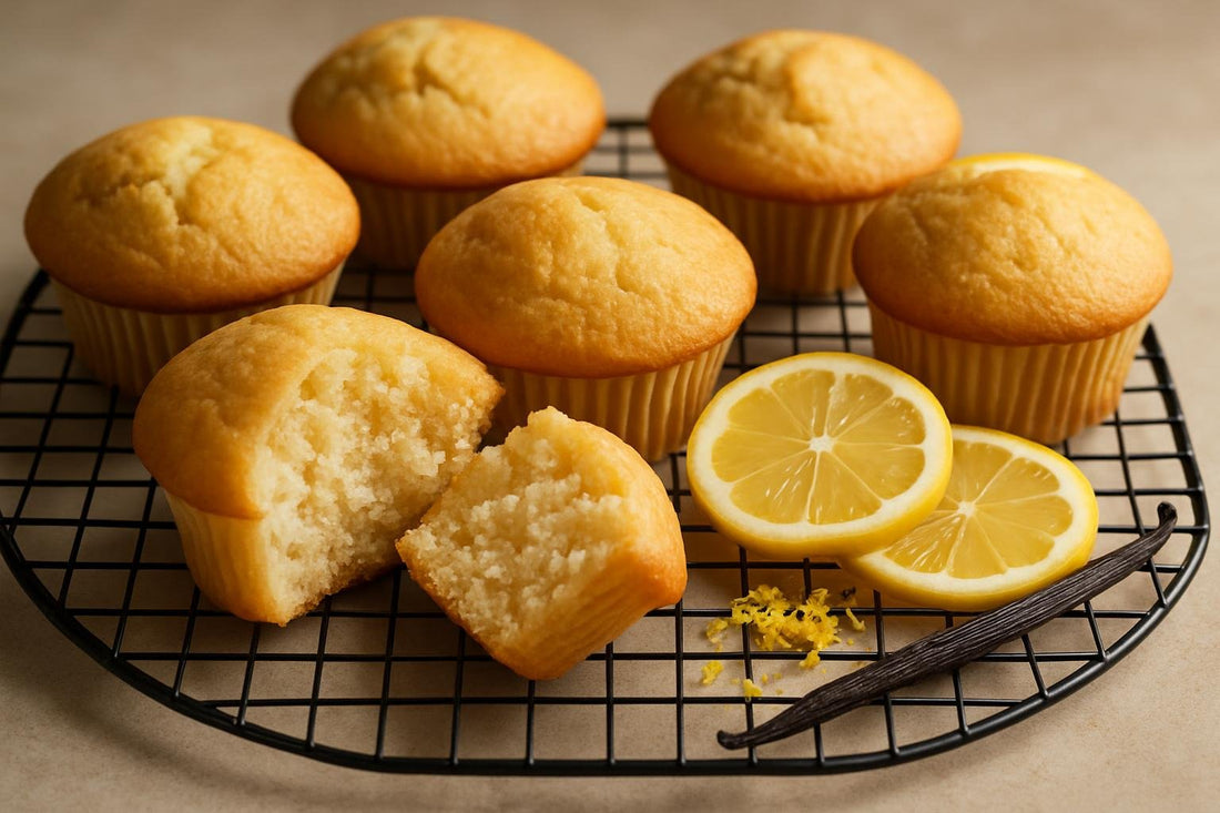 Vanilla Lemon Muffins on a cooling rack